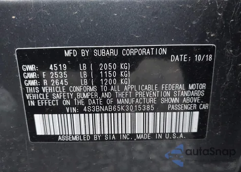 2019 Subaru Legacy 2.5I z USA, uszkodzony, nr VIN 4S3BNAB65K3015385